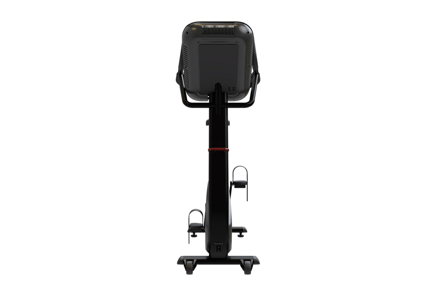 Black upright stationary exercise bike with digital display console, handlebars, pedals, and stable base on white background