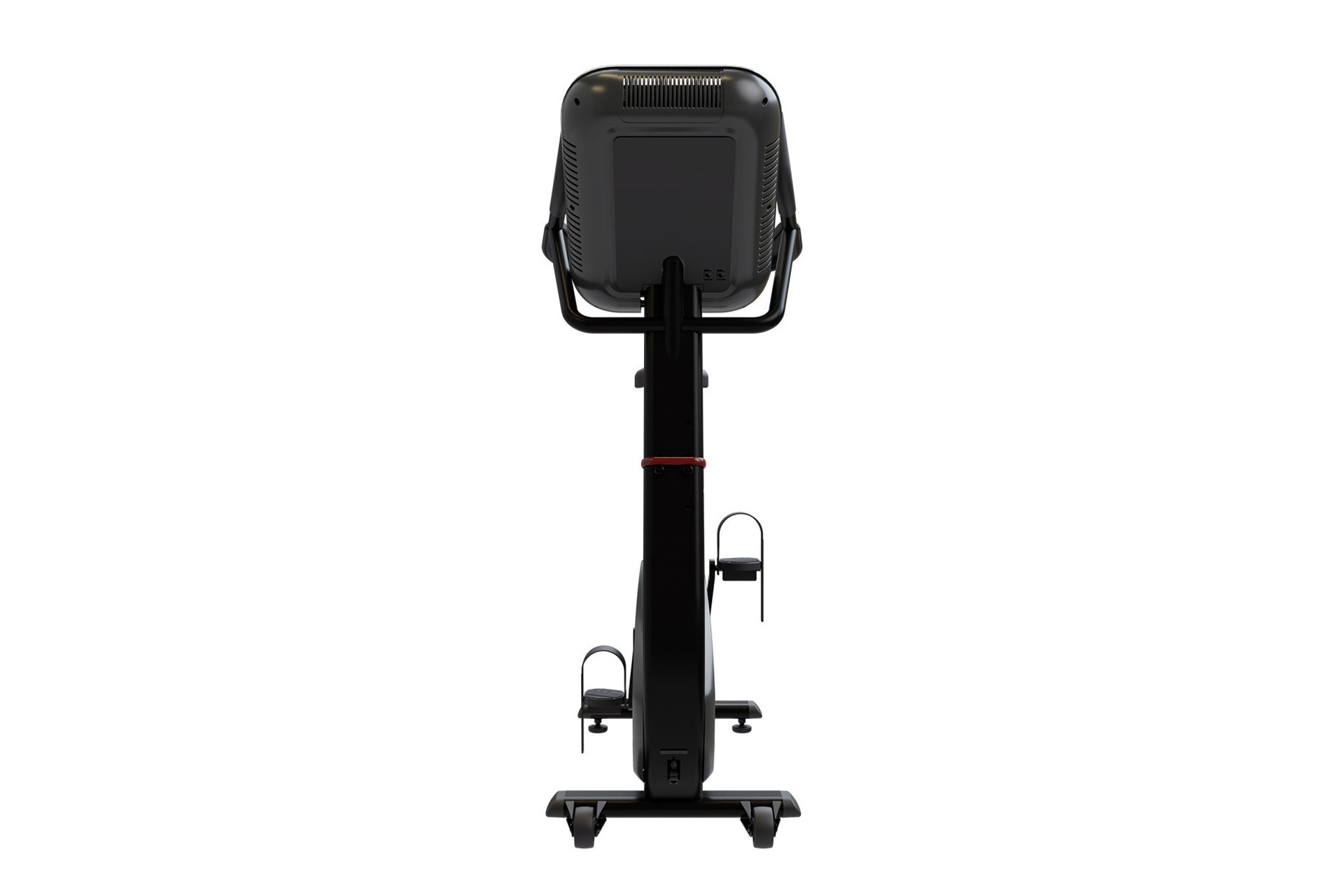 Black upright stationary exercise bike with digital display console, handlebars, pedals, and stable base on white background