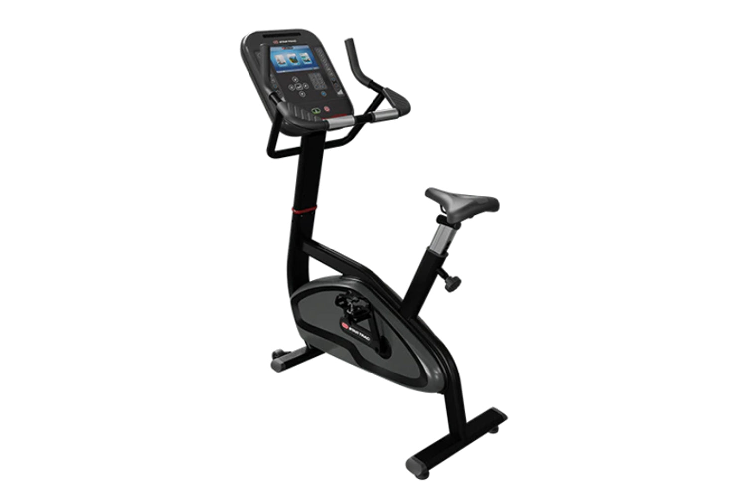 Black upright stationary bike with digital console display, handlebars, and black seat on white background