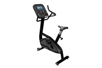 Black upright stationary bike with digital console display, handlebars, and black seat on white background