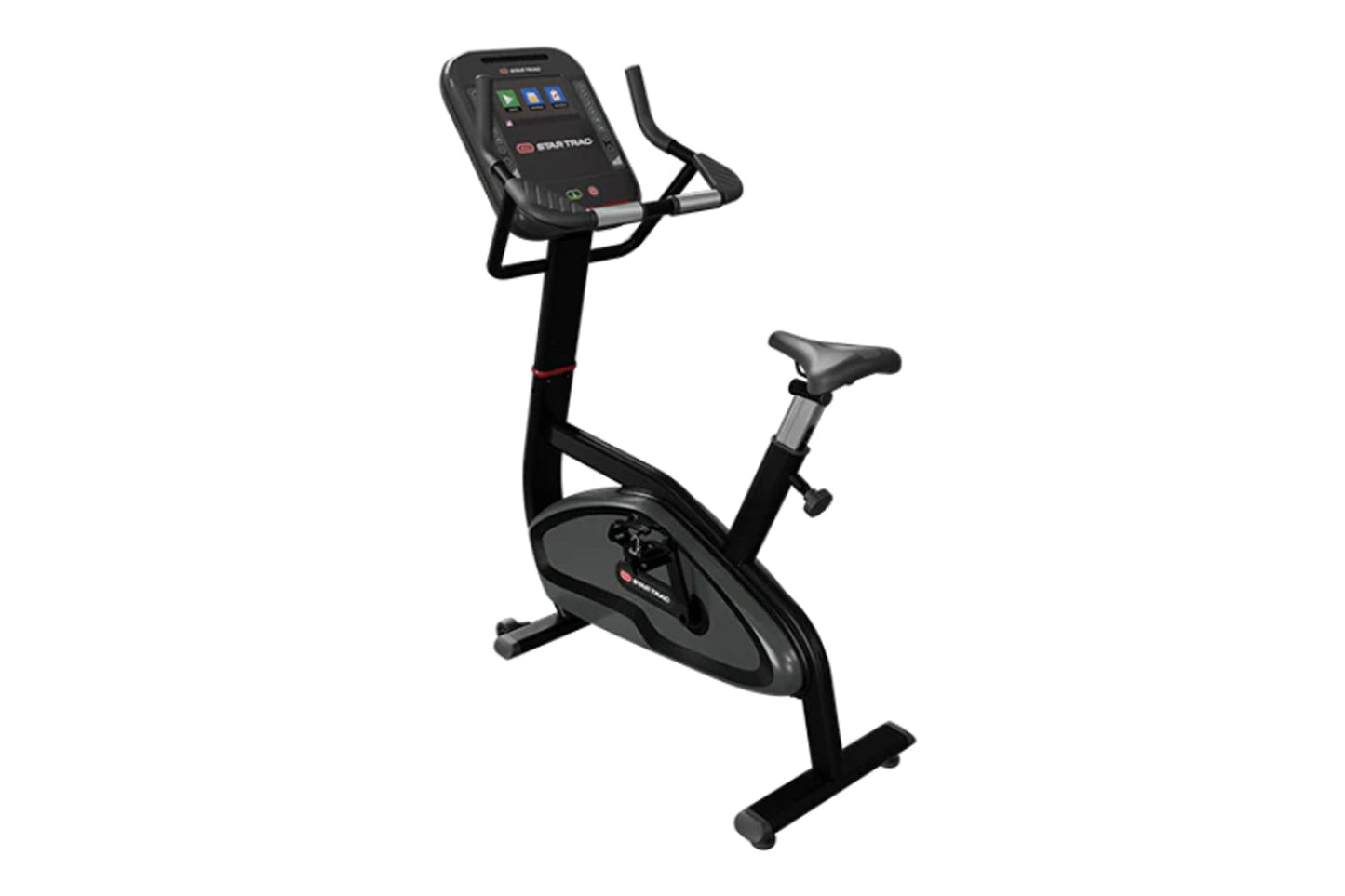 Black upright exercise bike with digital touchscreen console, handlebars, and black seat on white background