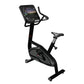 Black upright stationary bike with digital console display, handlebar grips, and black cushioned seat on white background