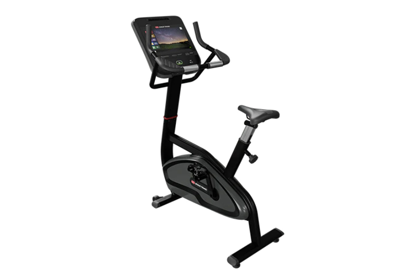 Black upright stationary bike with digital console display, handlebar grips, and black cushioned seat on white background