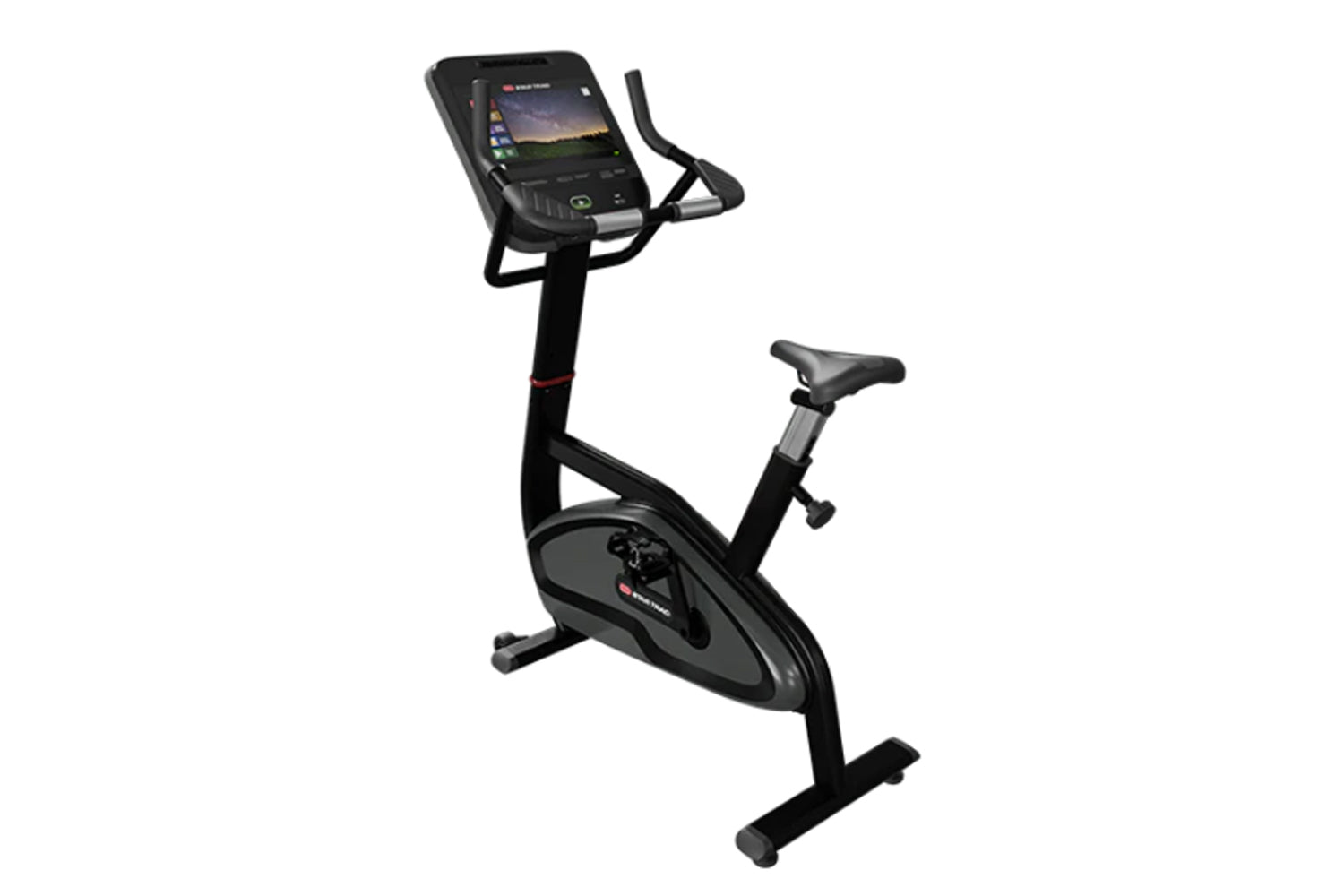 Black upright stationary bike with digital console display, handlebar grips, and black cushioned seat on white background