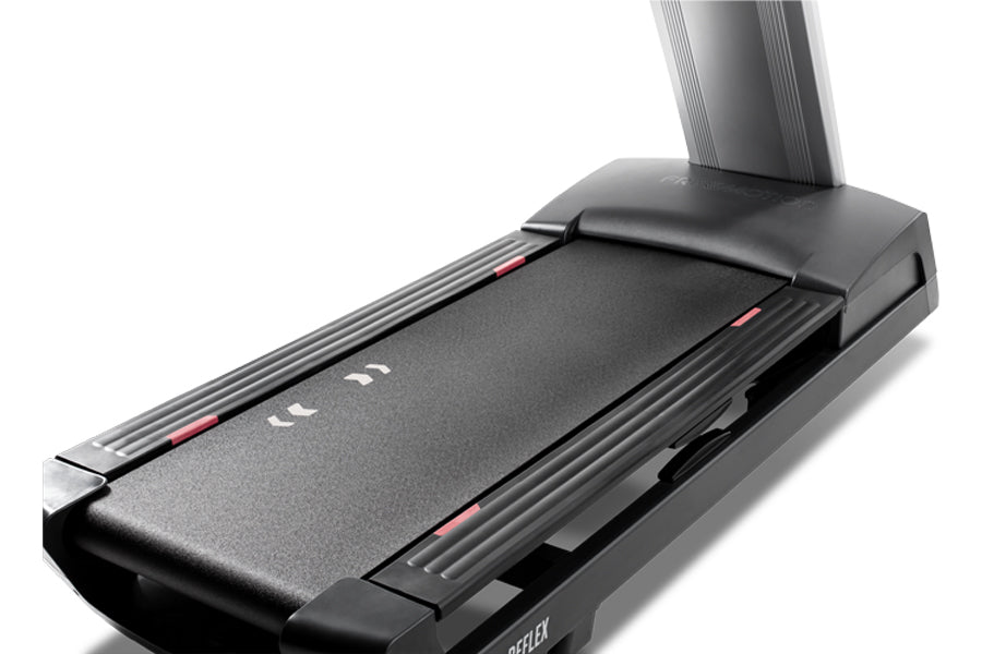Black treadmill with gray textured running deck, side rails, and red accent details on white background