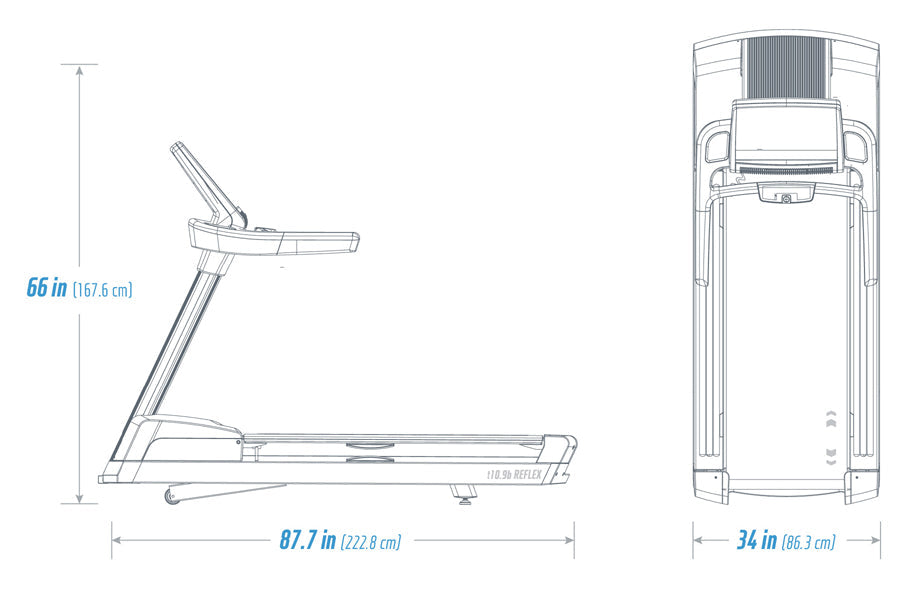 Freemotion t10.9b REFLEX treadmill with 66-inch height and 87.7-inch length, shown in technical line drawing with front and t