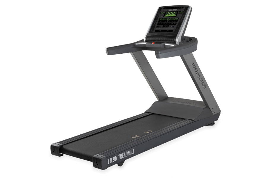 Freemotion t8.9b treadmill with black frame, running deck, and digital display console on white background