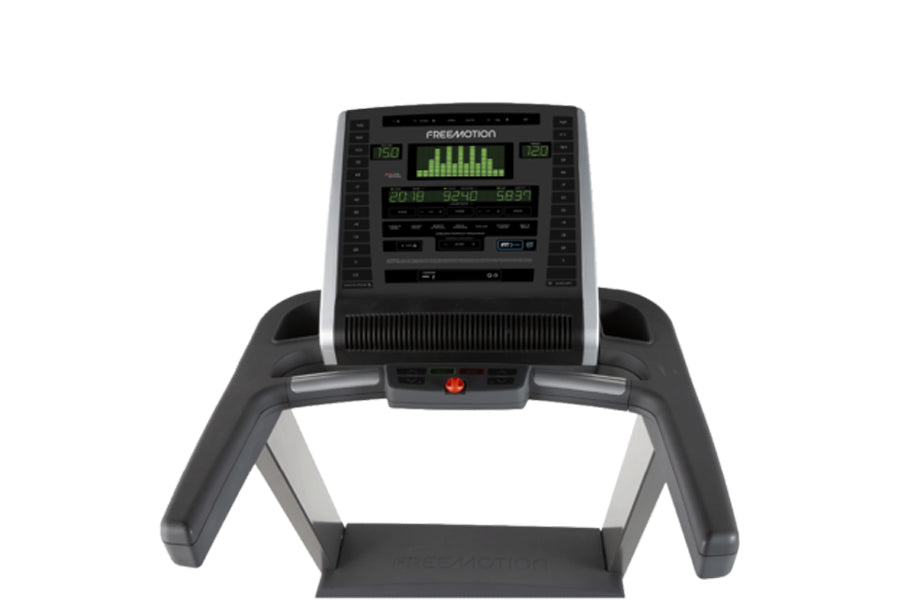 Freemotion t8.9b treadmill with black frame, gray accents, digital console displaying green equalizer bars and workout metric