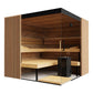 Thermasol Aalto indoor sauna with wood and black metal frame, tiered light wood benches, glass door, and vertical wood slat e