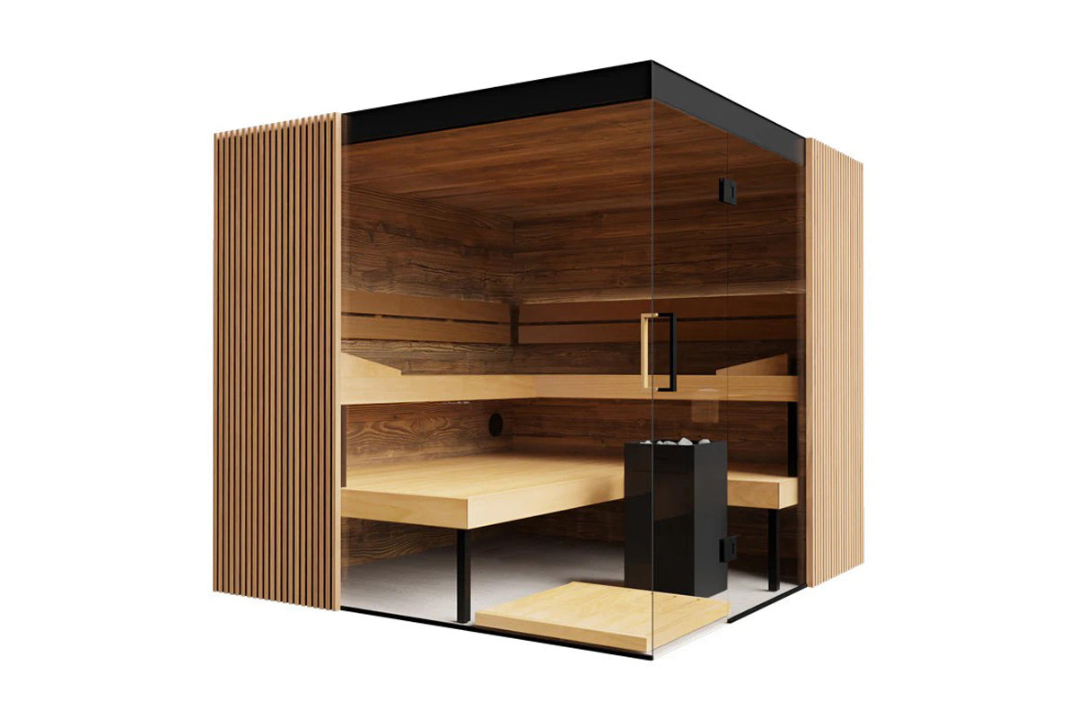 Thermasol Aalto indoor sauna with wood and black metal frame, tiered light wood benches, glass door, and vertical wood slat e