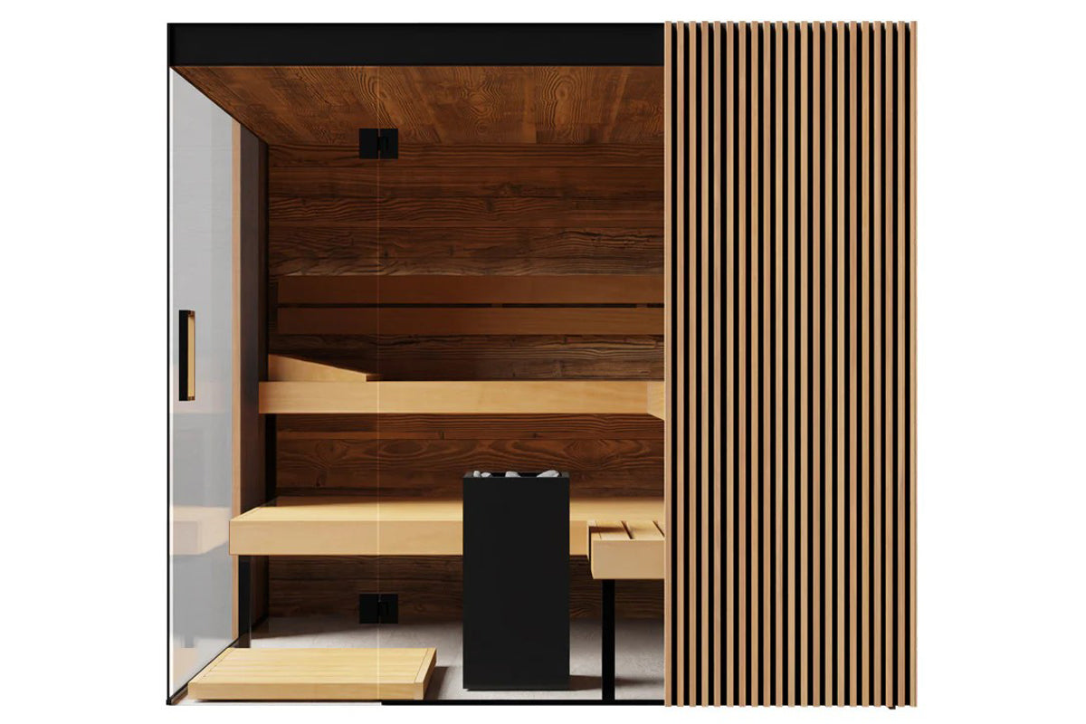 Thermasol Aalto indoor sauna with dark wood interior, light wood benches, glass door, and vertical slat exterior paneling