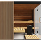 Thermasol Aalto indoor sauna with vertical wood slat exterior, dark wood interior benches, glass door, and black heater stove
