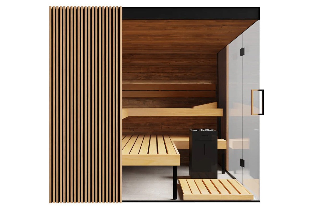 Thermasol Aalto indoor sauna with vertical wood slat exterior, dark wood interior benches, glass door, and black heater stove
