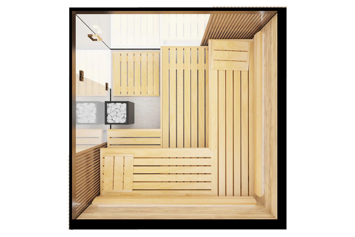 Thermasol Aalto indoor sauna interior with light wood paneling, bench seating, and stone heater rocks, overhead view