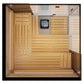 Overhead view of wooden indoor sauna interior with horizontal and vertical slat walls, bench seating, heater compartment, and