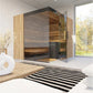 Corner sauna with light wood exterior, glass door, interior wooden benches, and black control panel in modern bathroom settin