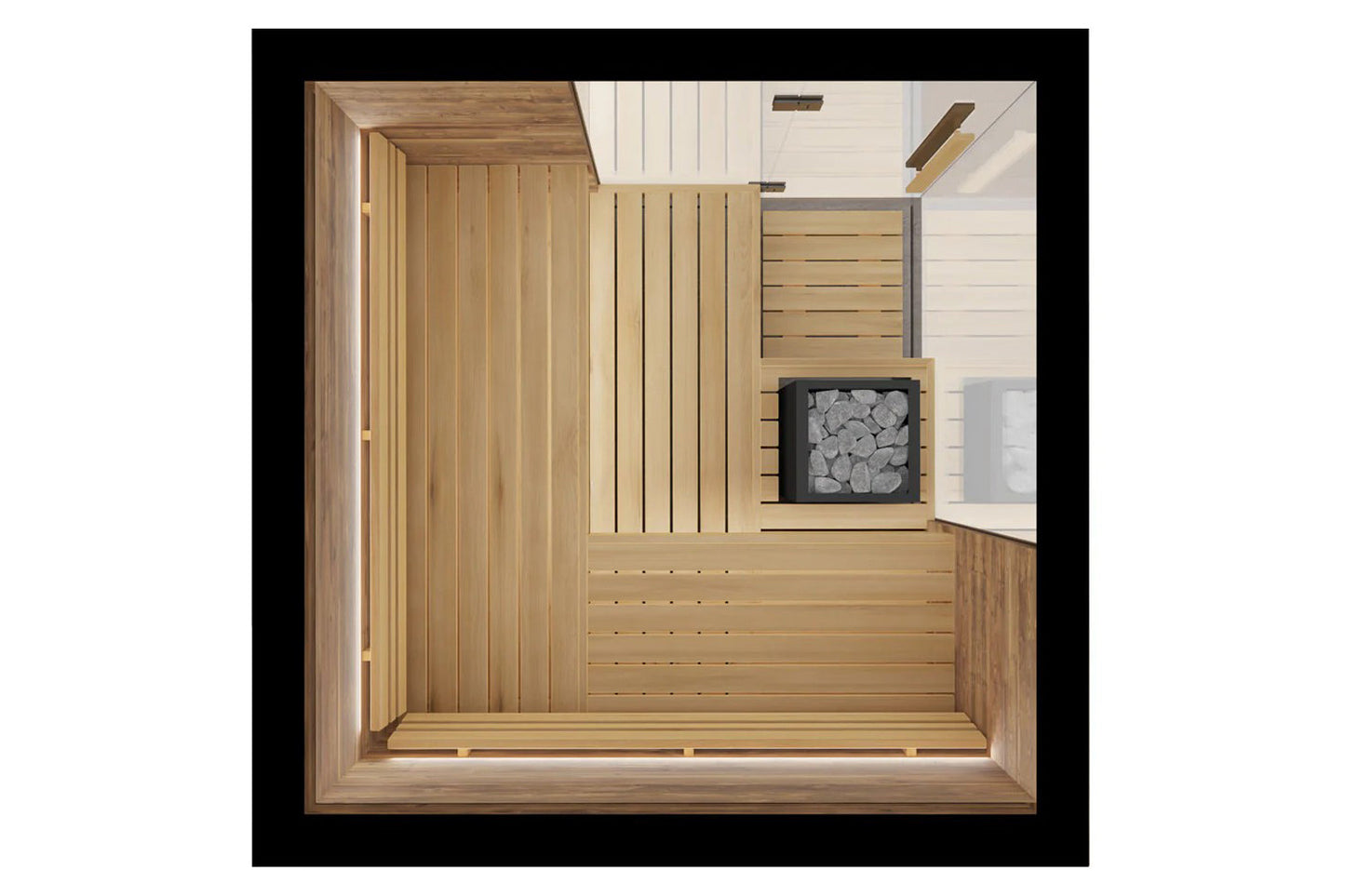 Overhead view of wooden sauna interior with cedar paneling, bench seating, black heater stove with rocks, and ventilation sys