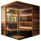Thermasol Astra indoor sauna with walnut wood exterior, glass doors, wooden benches, black heater unit, and LED lighting on w