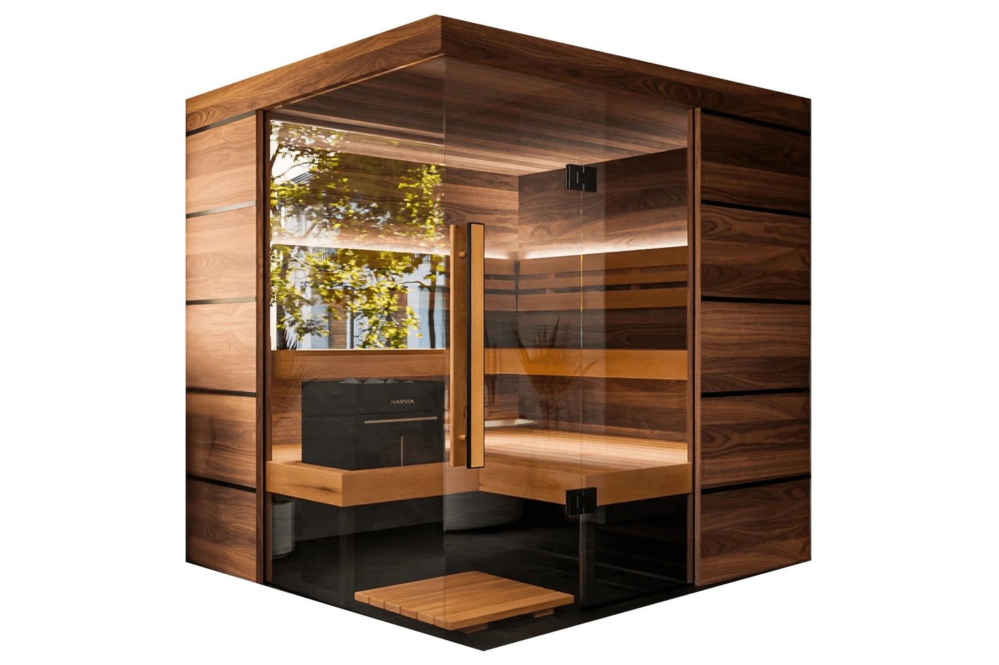 Thermasol Astra indoor sauna with walnut wood exterior, glass doors, wooden benches, black heater unit, and LED lighting on w