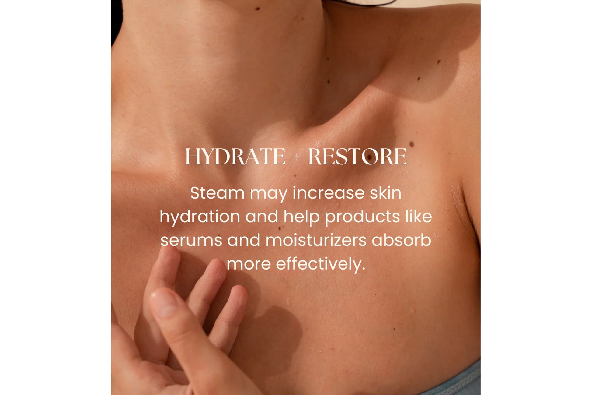 Close-up of person's bare chest and shoulder with hand touching skin, demonstrating hydration and skin texture
