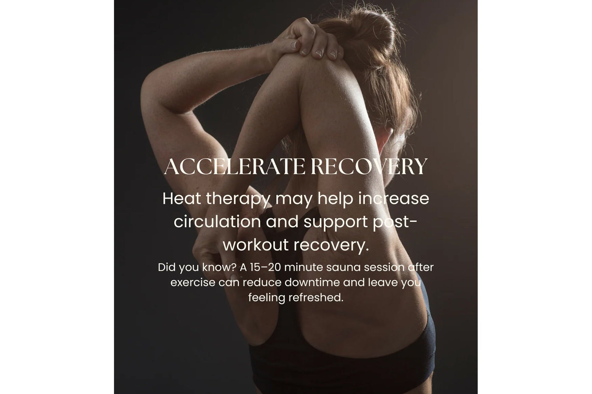 Woman seated in profile wearing black shorts, demonstrating sauna recovery benefits for post-workout muscle relaxation