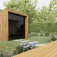 Modern wooden outdoor sauna with vertical slat exterior and dark glass doors in garden setting