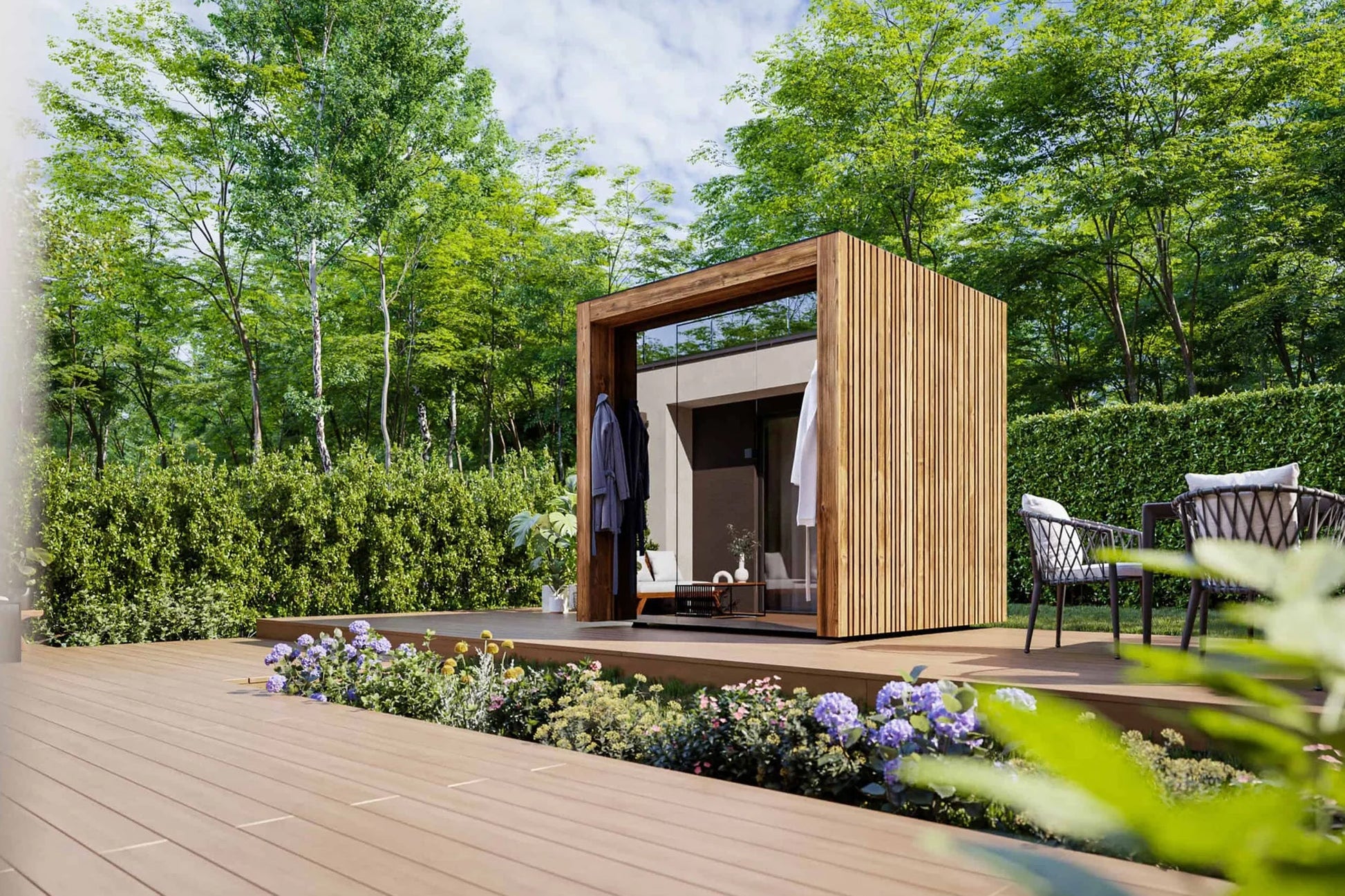 Modern wooden outdoor sauna with vertical slat design and glass doors in garden setting surrounded by green trees and floweri