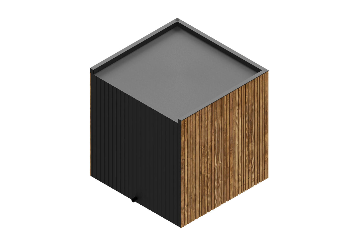 Thermasol Fortis outdoor sauna with charcoal metal roof, black corrugated left side, and natural wood grain right side, isome