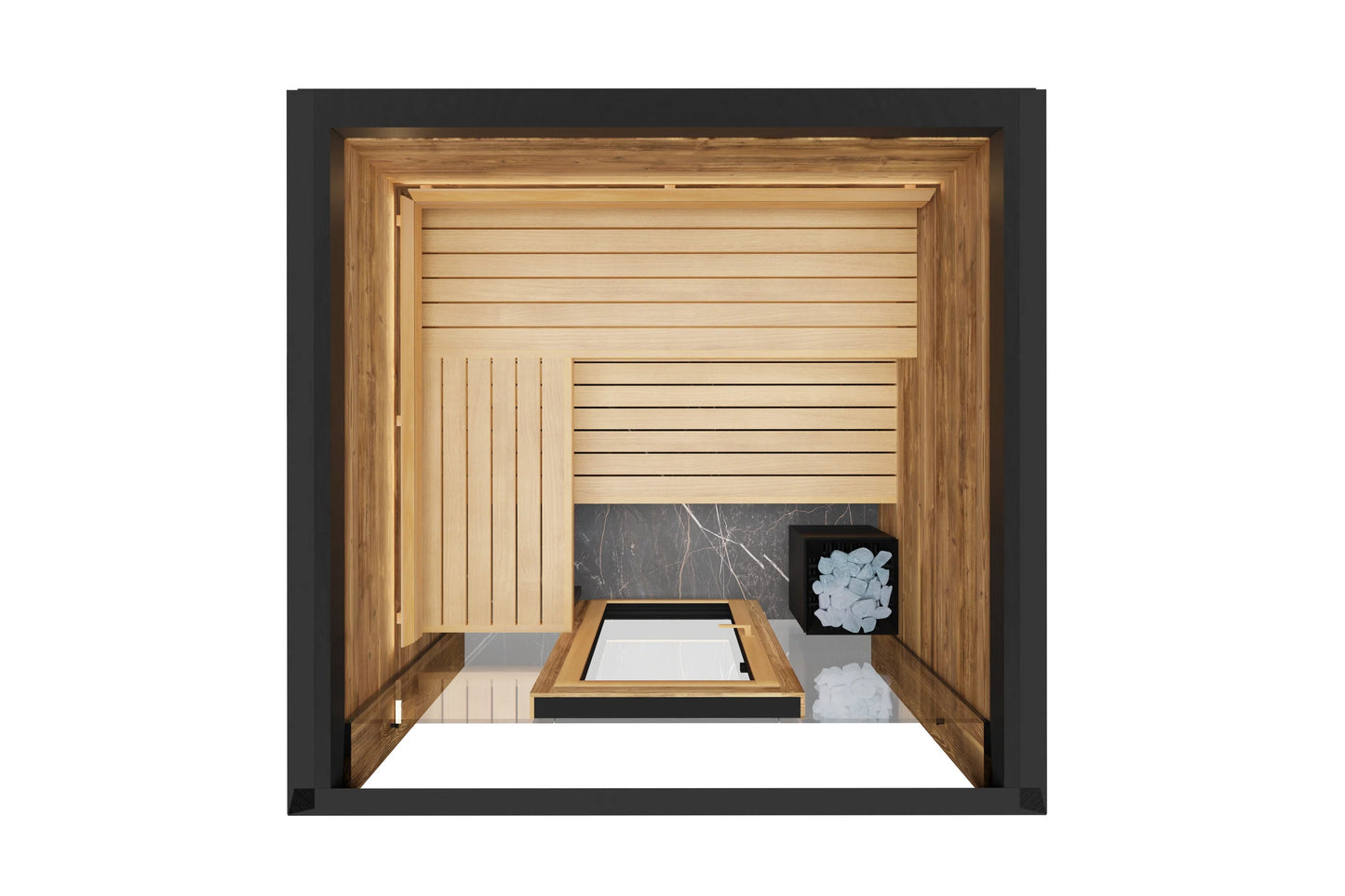 Thermasol Fortis outdoor sauna with cedar wood interior, horizontal and vertical paneling, black stone accent wall, and sauna