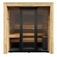 Thermasol Fortis outdoor sauna with light wood frame, dark glass doors, wooden bench seating, and black frame accents on whit