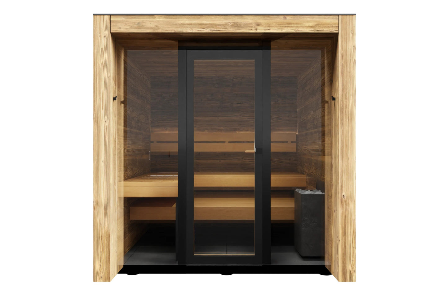 Thermasol Fortis outdoor sauna with light wood frame, dark glass doors, wooden bench seating, and black frame accents on whit