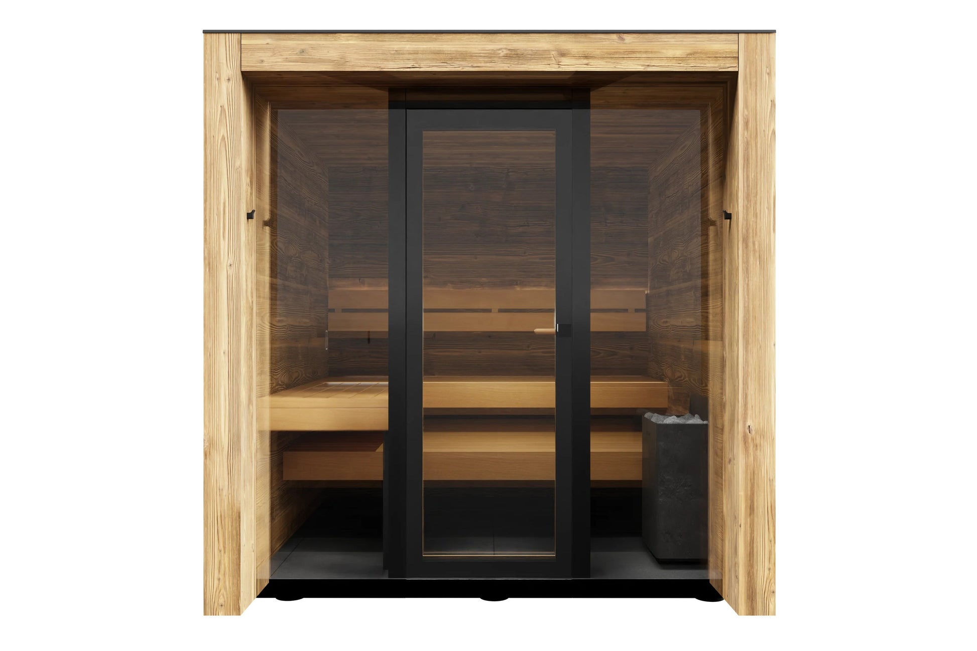 Thermasol Fortis outdoor sauna with light wood frame, dark glass doors, wooden bench seating, and black frame accents on whit