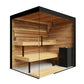 Thermasol Lumaria indoor sauna with wood interior, glass door, black frame, and black heater unit on white background