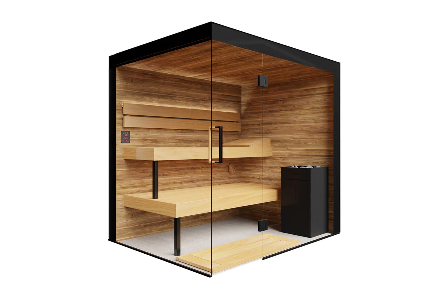 Thermasol Lumaria indoor sauna with wood interior, glass door, black frame, and black heater unit on white background