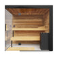 Thermasol Lumaria indoor sauna with light wood benches, wood-paneled walls and ceiling, glass door, and black control panel, 