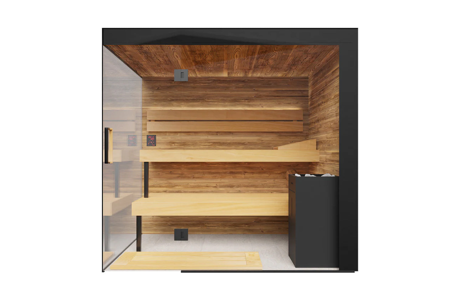 Thermasol Lumaria indoor sauna with light wood benches, wood-paneled walls and ceiling, glass door, and black control panel, 