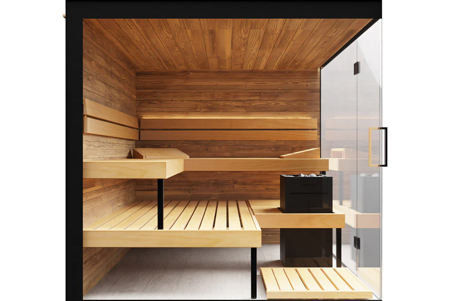 Thermasol Lumaria indoor sauna with tiered wooden benches, wood paneled walls and ceiling, glass door, and black heater unit