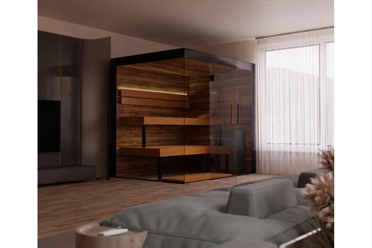 Thermasol Lumaria indoor sauna with walnut wood interior, glass enclosure, and black metal frame in modern bathroom setting