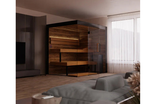 Thermasol Lumaria indoor sauna with walnut wood interior, glass enclosure, and black metal frame in modern bathroom setting