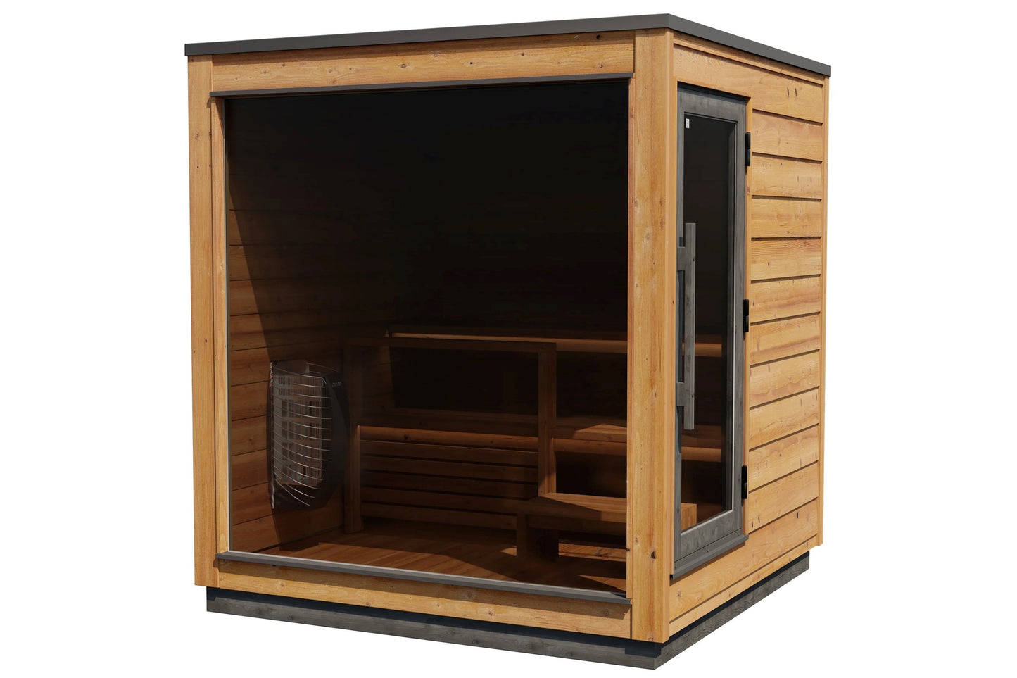 Cedar wood outdoor sauna with dark glass front panel, black metal roof, and interior wooden benches, shown on white backgroun