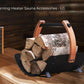Wood burning sauna stove with metal handles and firewood carrier holding logs, displayed on wooden floor with control panel u