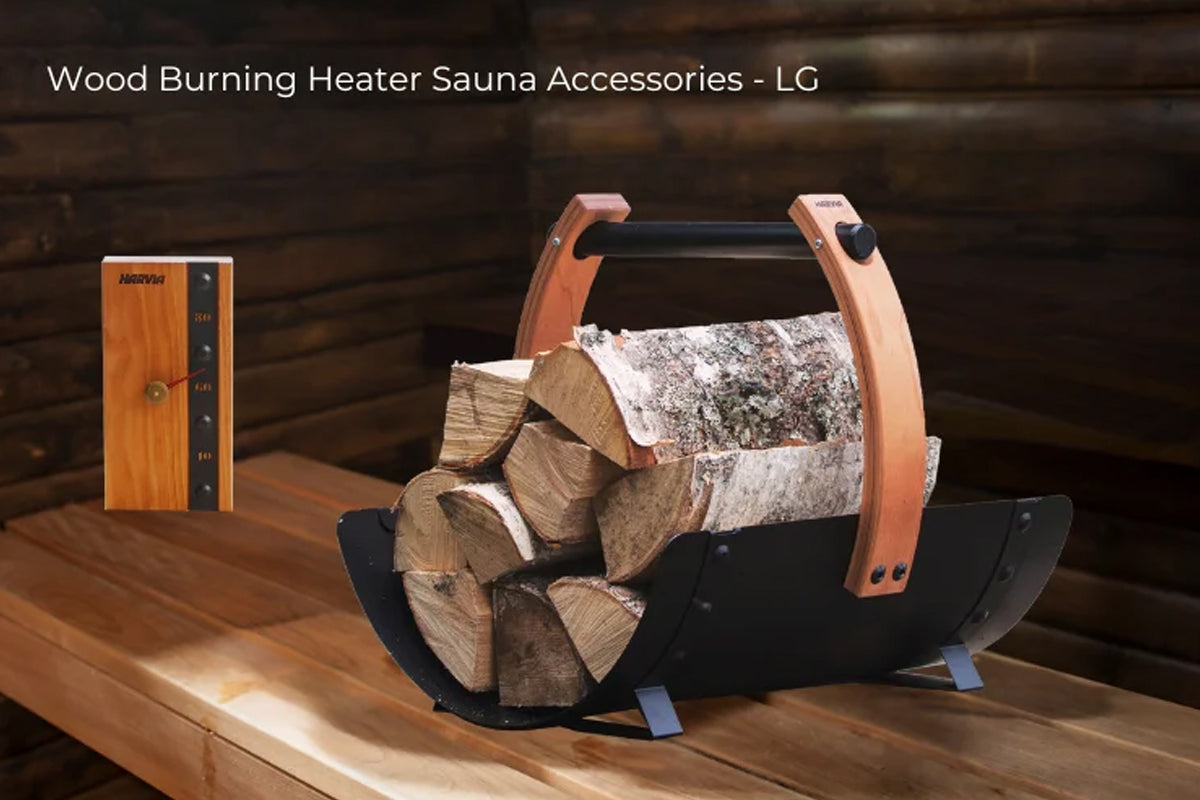 Wood burning sauna stove with metal handles and firewood carrier holding logs, displayed on wooden floor with control panel u