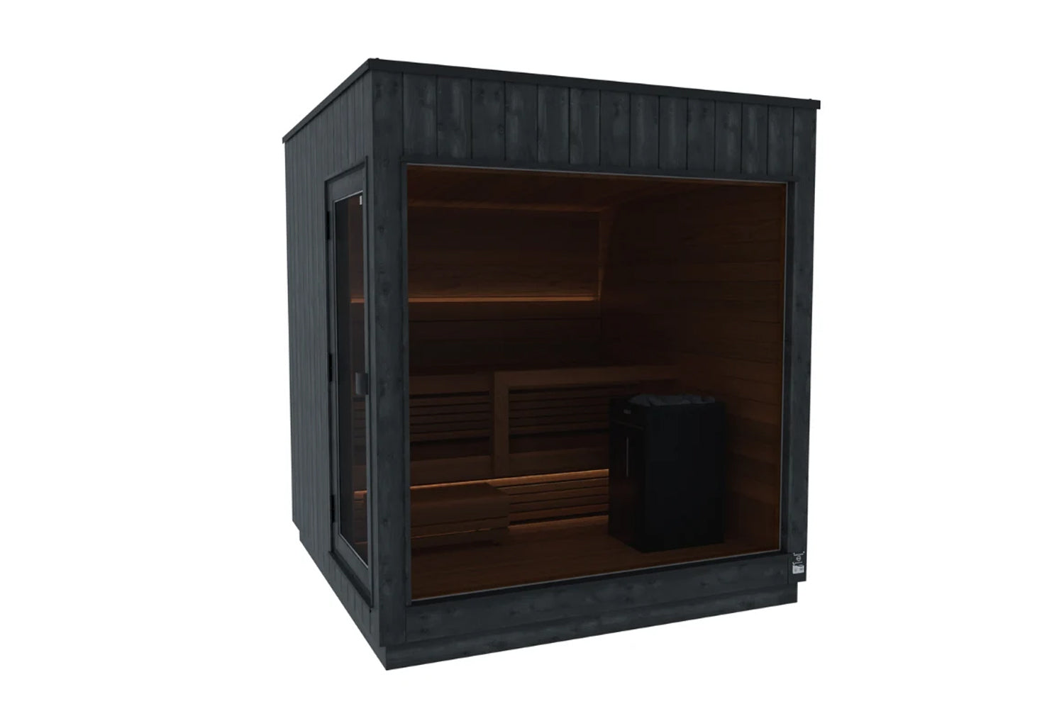 Black outdoor sauna with glass front door, wooden interior bench seating, and amber lighting on white background