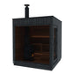 Black wood-paneled outdoor sauna with glass door, interior wooden benches, and black chimney on white background