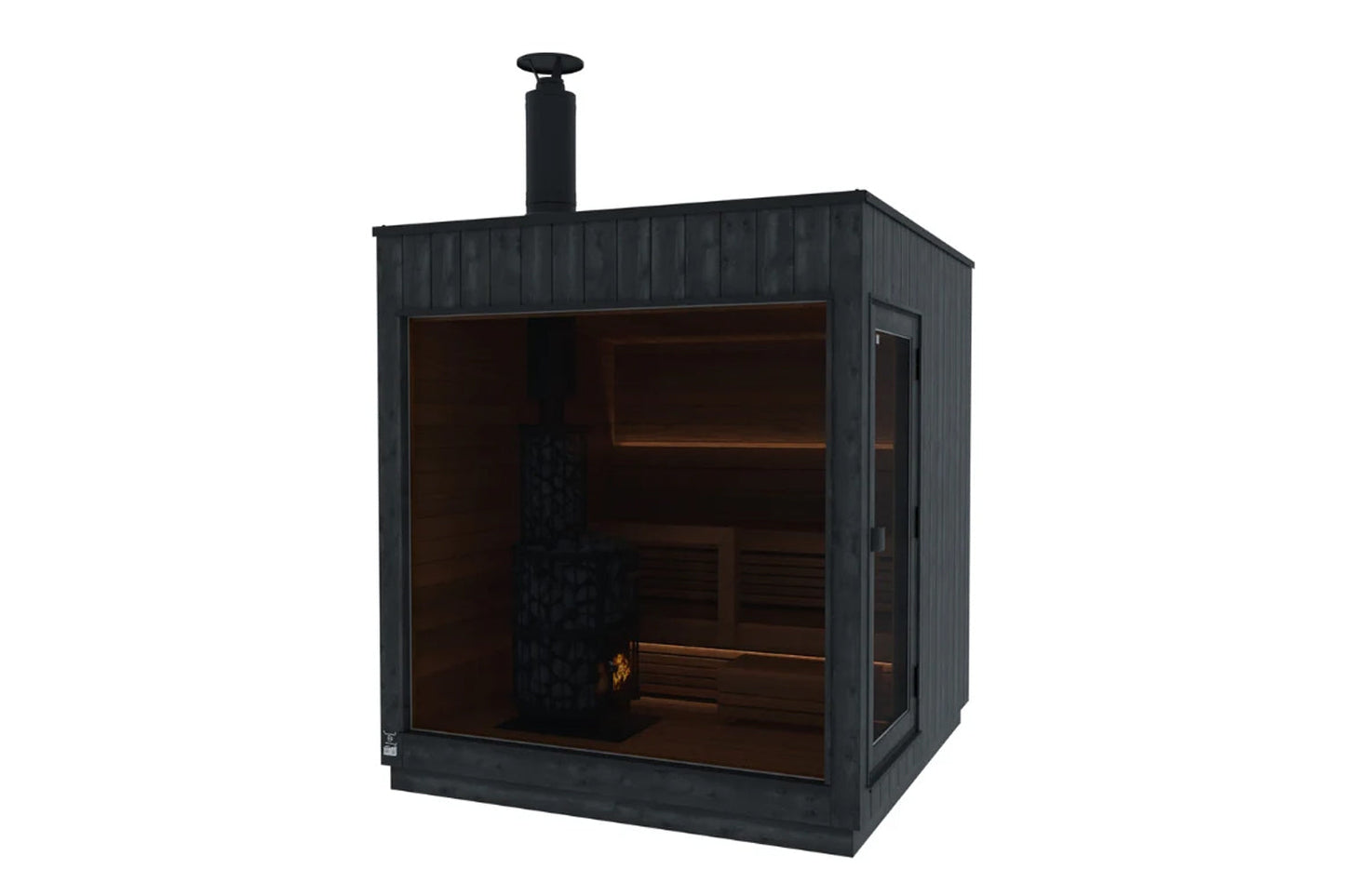 Black wood-paneled outdoor sauna with glass door, interior wooden benches, and black chimney on white background