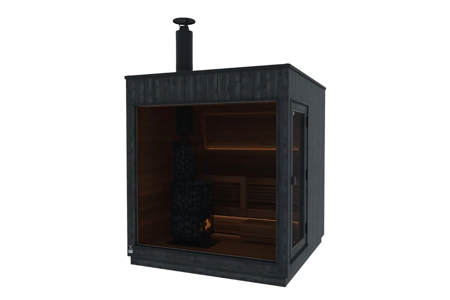 Black wood-paneled outdoor sauna with glass door, interior wooden benches, and black chimney on white background