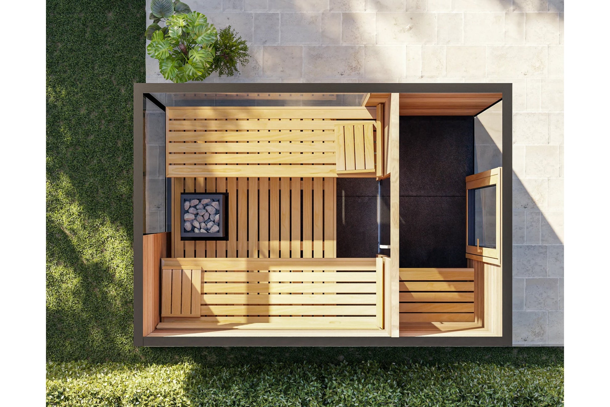 Overhead view of modern outdoor sauna with light wood slatted interior, black accent wall, glass door, and metal frame surrou