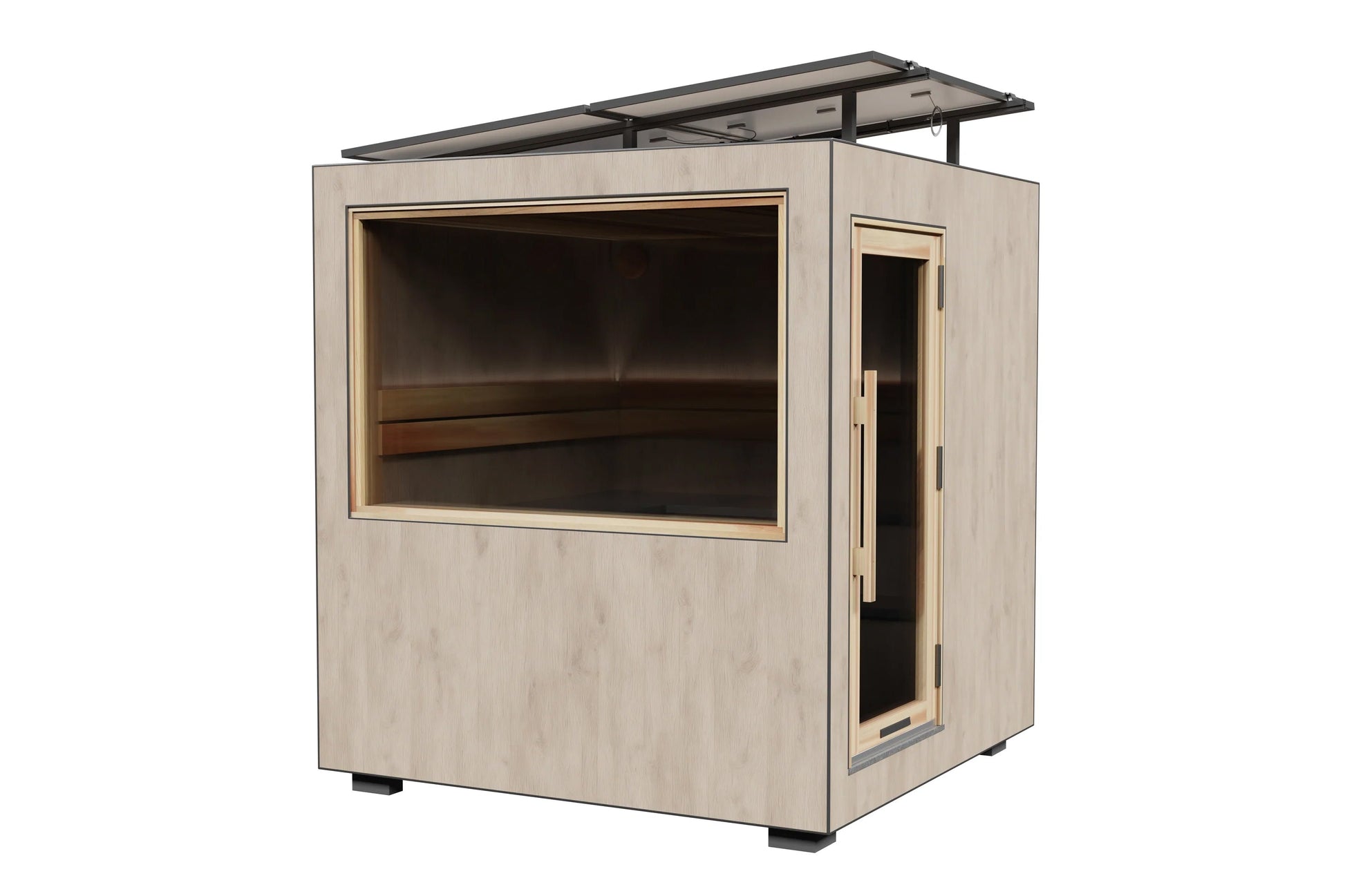 Thermasol Solaris outdoor sauna with light wood exterior, large window, entry door, and black metal roof panel