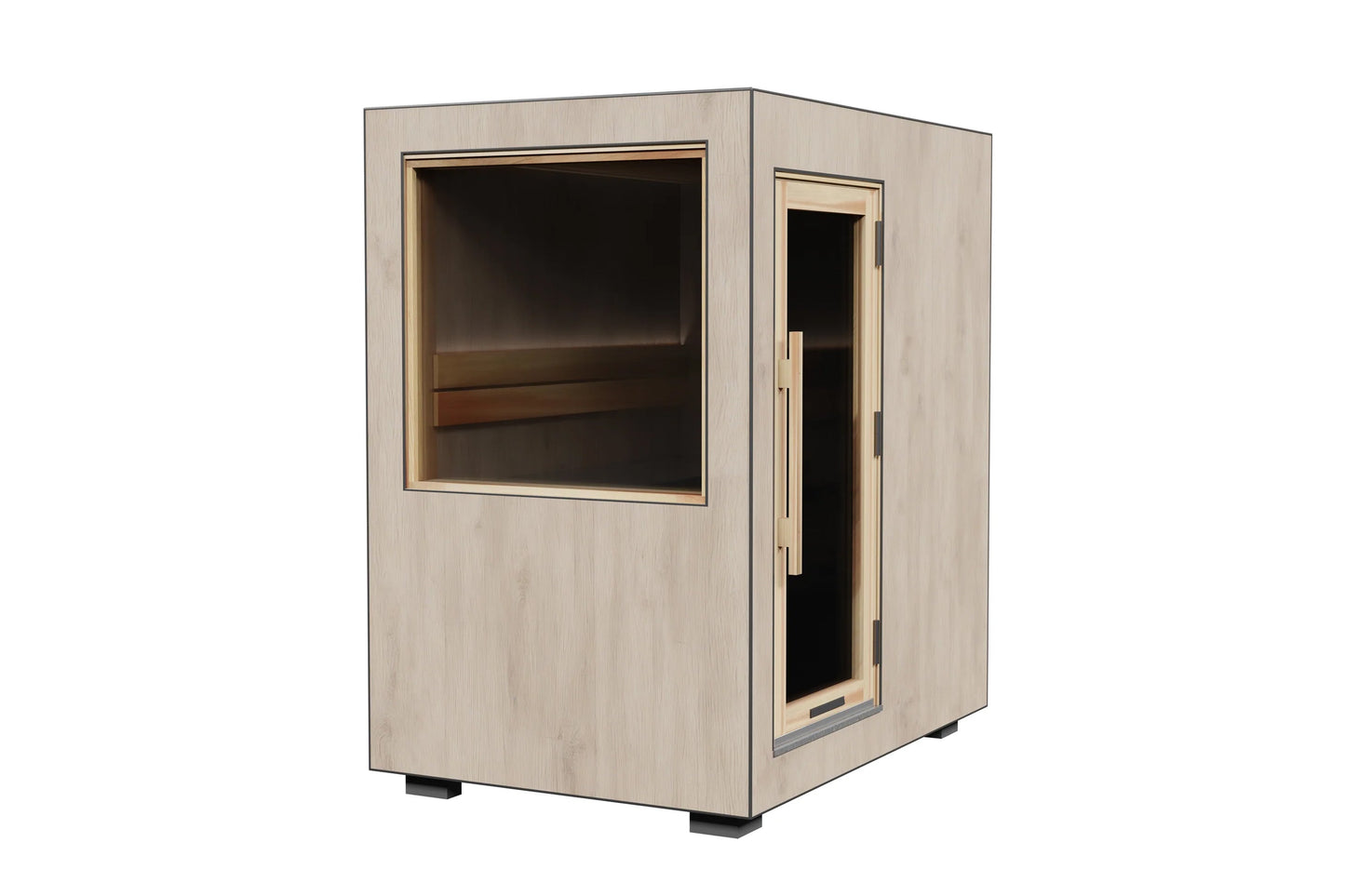 Light wood outdoor sauna with glass window, bench seating visible inside, and glass door on right side, isolated on white bac