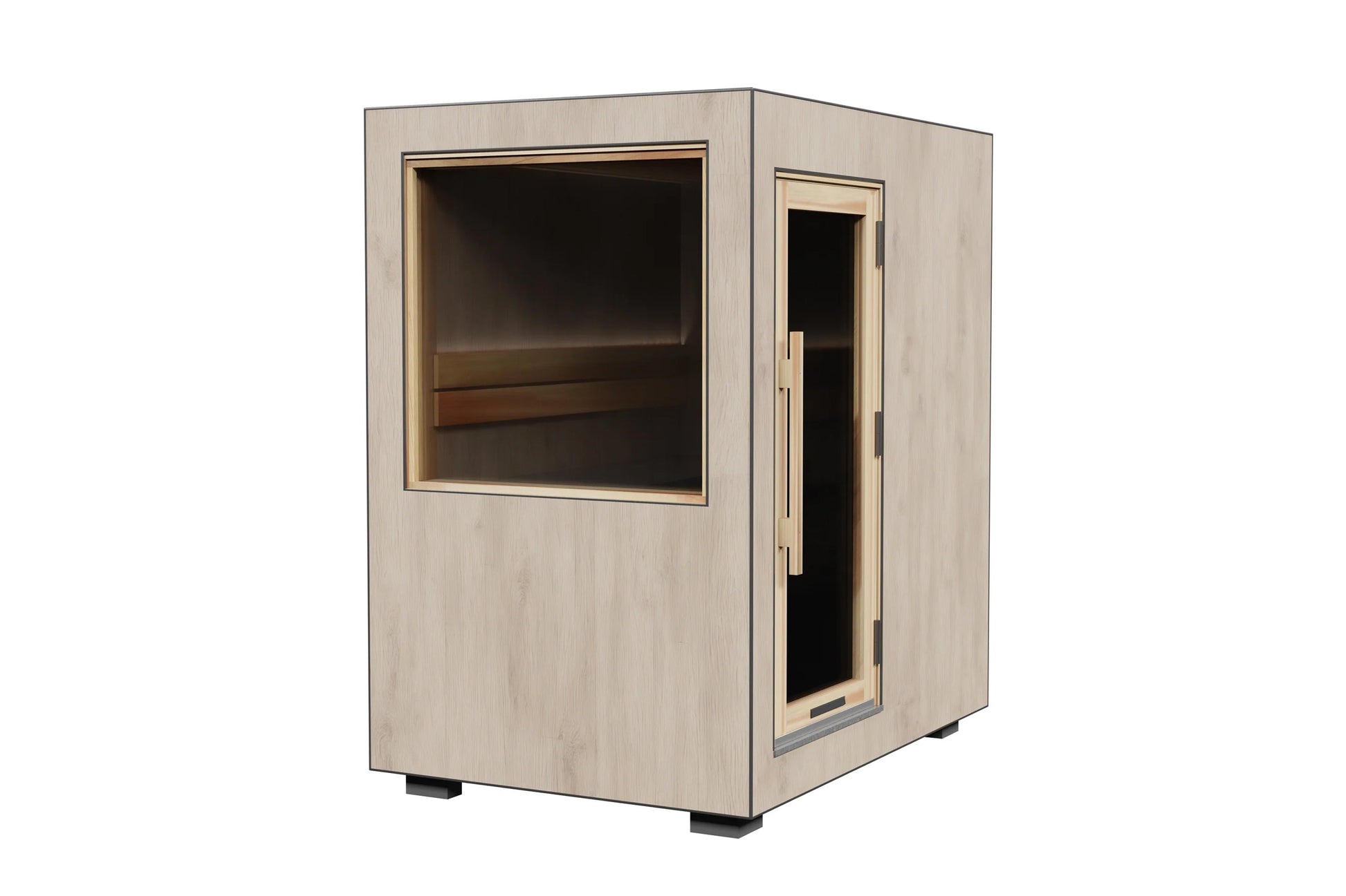 Light wood outdoor sauna with glass window, bench seating visible inside, and glass door on right side, isolated on white bac